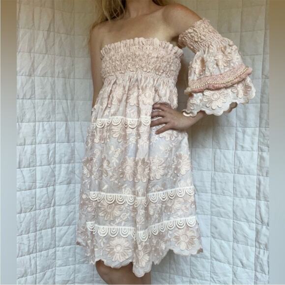 Laurie & Joe Pastel Peach Embroidered Boho Flower Strapless Babydoll Dress - M/L - Picture 1 of 10